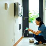 A Malaysian family in a modern, well-lit home, demonstrating eco-conscious habits. A mother in modest attire is gently unplugging an appliance from a wall socket, while a father, also in modest clothing, helps a child sort plastic bottles into a clearly labeled recycling bin. Sunlight naturally illuminates the spacious living area, which features subtle, tasteful Malaysian design elements. The overall atmosphere is peaceful, responsible, and family-friendly. fully clothed, appropriate attire, safe for work, appropriate content, perfect anatomy, correct proportions, natural pose, well-formed hands, proper finger count, natural body proportions, professional photography, high quality.