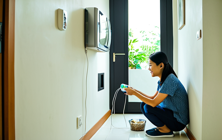 A Malaysian family in a modern, well-lit home, demonstrating eco-conscious habits. A mother in modest attire is gently unplugging an appliance from a wall socket, while a father, also in modest clothing, helps a child sort plastic bottles into a clearly labeled recycling bin. Sunlight naturally illuminates the spacious living area, which features subtle, tasteful Malaysian design elements. The overall atmosphere is peaceful, responsible, and family-friendly. fully clothed, appropriate attire, safe for work, appropriate content, perfect anatomy, correct proportions, natural pose, well-formed hands, proper finger count, natural body proportions, professional photography, high quality.